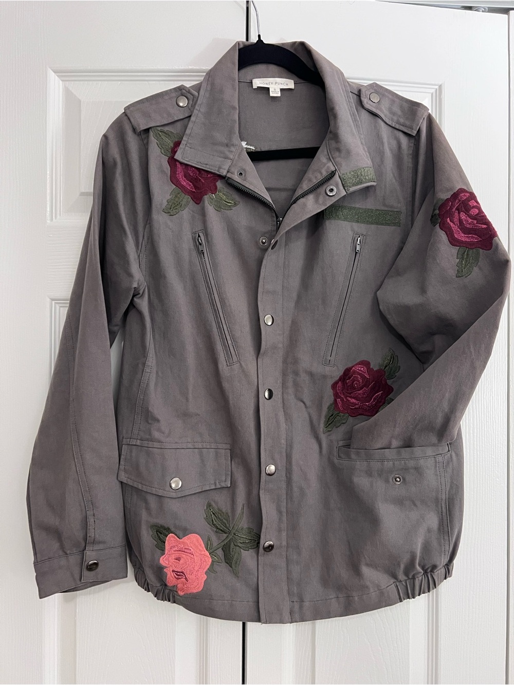 Honey Punch Embroidered Rose Utility Jacket - Gray/Army Green